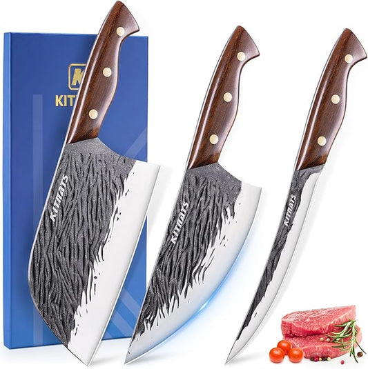 3PCS Butcher Knife Set,Hand Forged Serbian Chef Knife, Meat Cleaver,Boning Knife, Meat Cutting Kitchen Set for Home Cooking BBQ Perfect for Men Women With Gifts Box
