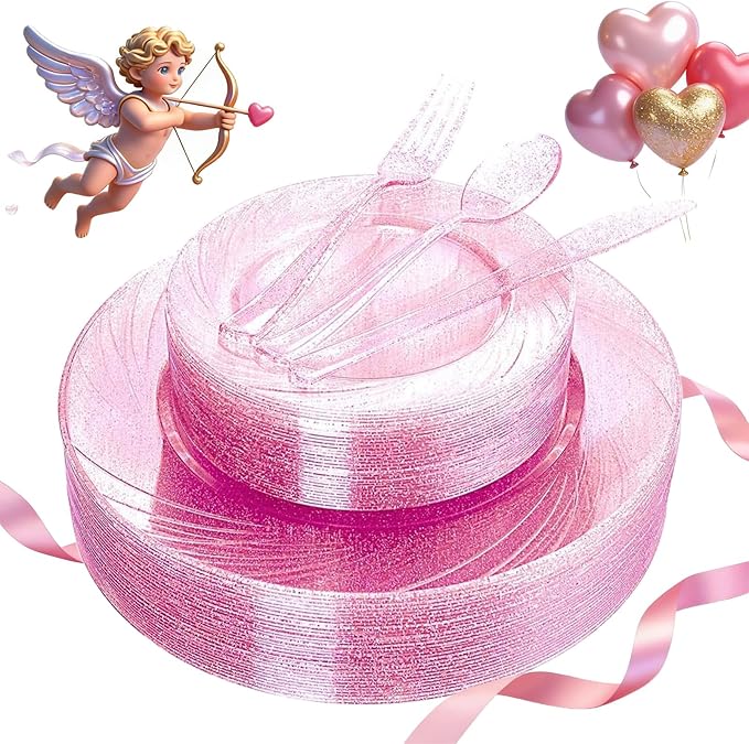 WDF Rose Gold Pink Plastic Plates with Pink Plastic Silverware include 40 Dinner & Salad Plates, 40Forks, 40 Knives, 40 Spoons for Wedding/Party/Valentine's Day