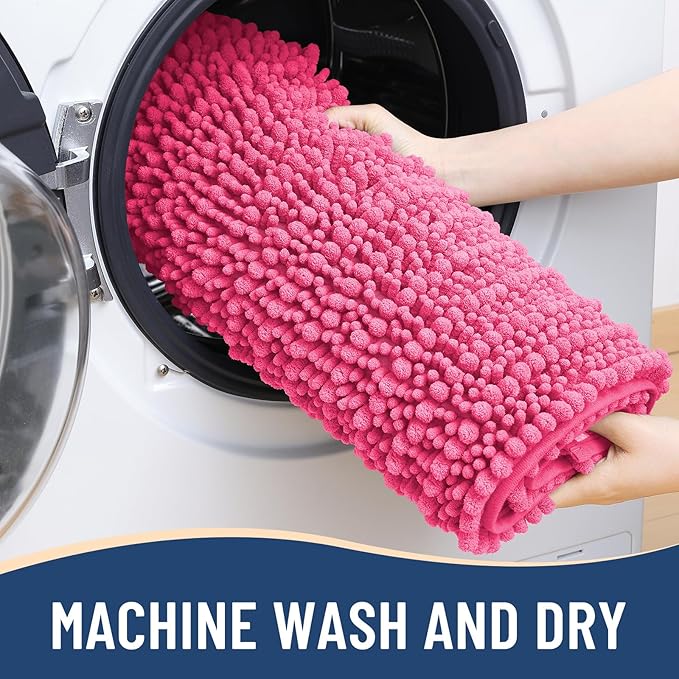 Arotive Luxury Chenille Bathroom Rug Mat, Extra Soft Thick Absorbent Shaggy Bath Rugs, Non-Slip Machine Wash Dry, Plush Bath Mats for Bathroom, Shower and Tub, 47x24, Deep Pink