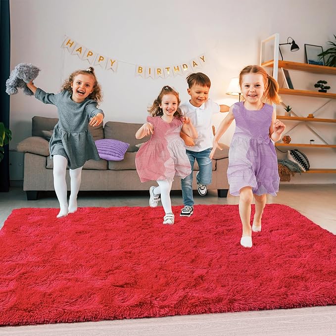 Super Fluffy Rug for Bedroom, 4x6 Shag Fuzzy Area Rug for Living Room Bedroom, Plush Soft Carpet for Girls Boys Kids, Non Slip Throw Rugs for Dorm, Modern Home Decor Aesthetic, Red