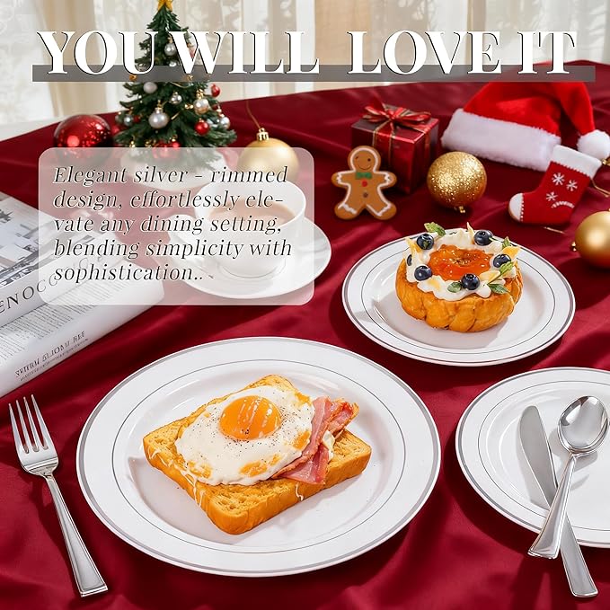 WDF 40Guest Silver Plastic Plates with Silverware - White Plastic Plates with Silver Rim, Dinnerware Sets Include 40 Dinner Plate, 40 Salad Plate,40 Forks, 40 Knives, 40 Spoons for Christmas