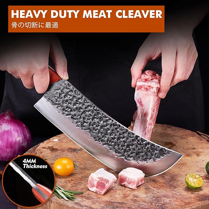 Professional Butcher Knife Set, Hand Forged Heavy Duty Meat Cleaver Serbian Chef Knife Viking Boning Knife 3PCS Kitchen Set for Meat Cutting Home Kitchen Outdoor Camping BBQ Cooking Gift for Men