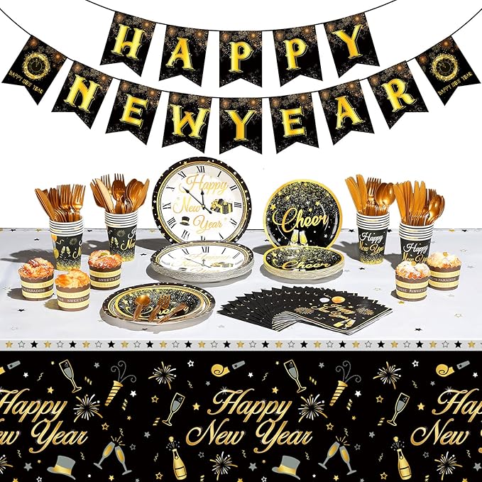 Funrous Happy New Year Party Supplies Tableware Set Serves 24 Guests Including New Year Plates Cups Napkins Forks Knives Spoons Tablecloth and Celebration Banner for Black and Gold Party Decoration