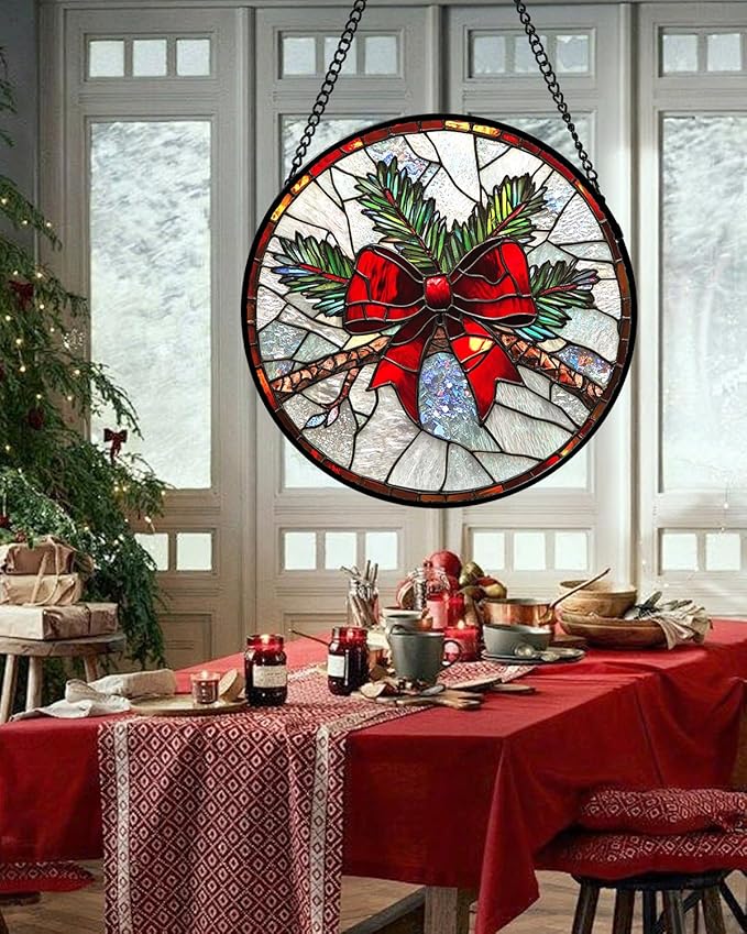 Stained Glass Window Hanging - Pine Branches Red Bow Suncatcher for Doors Home Christmas Decoration Silver Sun Catcher Thanksgiving New Year Birthday Gifts for Women Men Mom Nana 9.8 in