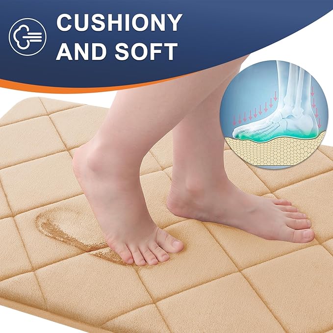 OLANLY Memory Foam Bath Mat 44x24, Ultra Soft and Absorbent Bathroom Rugs, Machine Washable, Comfortable Bath Carpet for Bathroom Floor, Tub and Shower, Beige