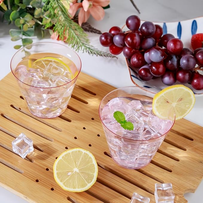 Ciaell 300PCS Clear Pink Plastic Cups - 9 Oz Heavy Duty Plastic Cups - Clear Party Cup Disposable Wine Cup for Parties & Weddings & Party