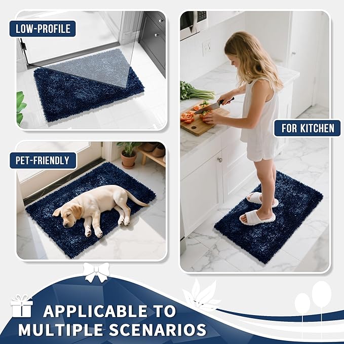 Yimobra Long Bathroom Rug Non Slip 44x24 Inch, Extra Thick Soft Absorbent Chenille Bath Mat, Machine Washable Quick Dry Bath Rugs for Bathroom Floor, Tub and Shower, Home Decor Accessories, Navy Blue
