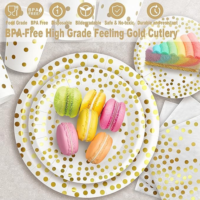 AIRE 350PCS White Gold Paper Plates Party Supplies for 50 Guests Party Decorations Disposable Dinnerware Paper Plates Cups Napkins Gold Plastic Forks Knives Spoons for Wedding Birthday Engagement