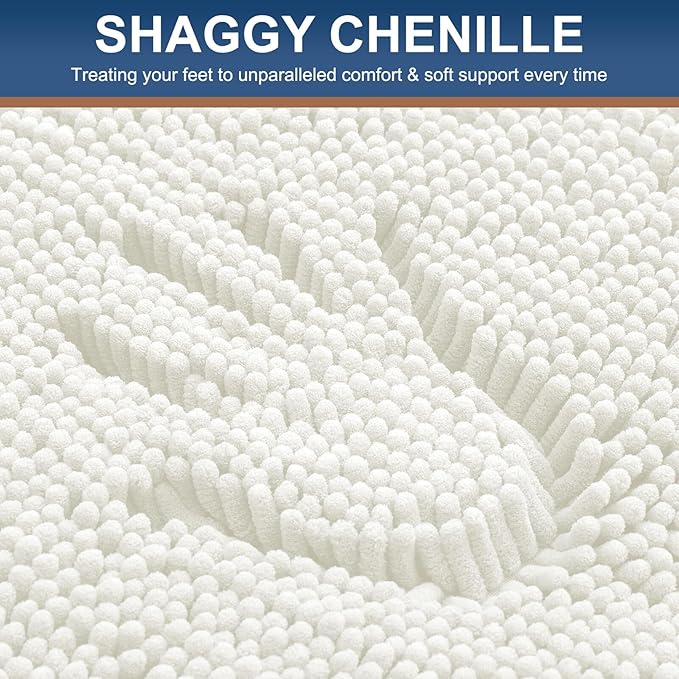 Smiry Luxury Chenille Bathroom Rugs 47x17, Extra Soft and Absorbent Shaggy Bath Mat, Machine Washable, Non-Slip Plush Carpet Runner for Tub, Shower, and Floor, Home Decor Accessories, Ivory