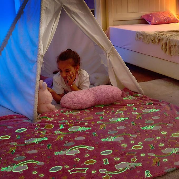 Wajade Rainbow Gifts Toys for Girls - Glow in The Dark Rainbow Blanket Birthday Christmas Decor for Kids Age 3 4 5 6 7 8 9 10 11 12 Years Old Teens Child Toddler Throw Pink 60"x80"