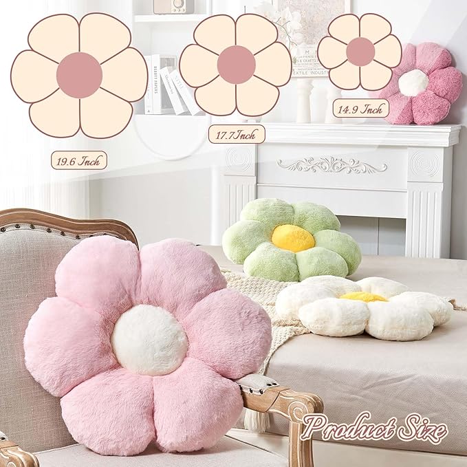 Black Flower Pillow, Cute Decorative Flower Shaped Throw Pillow with Faux Rabbit Fur, 19.6" Soft Daisy Plush Floor Cushion Aesthetic Room Decor for Bed Sofa Couch