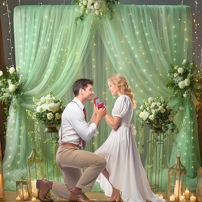 20×10ft Green Tulle Backdrop Curtain with Lights String for Parties, Sheer Photo Backdrop Curtains for Wedding Party Photography Background