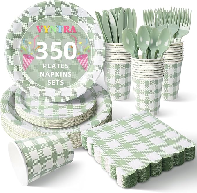Vyntra 350 PCS Sage Green Gingham Party Supplies, Disposable 7 & 9 In Plates and Napkins, Cups, Knives, Forks, Spoons for Rustic Wedding, Garden Party, Baby Shower (Sage Green, Serves 50)