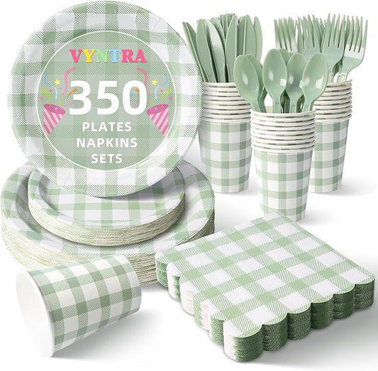 Vyntra 350 PCS Sage Green Gingham Party Supplies, Disposable 7 & 9 In Plates and Napkins, Cups, Knives, Forks, Spoons for Rustic Wedding, Garden Party, Baby Shower (Sage Green, Serves 50)