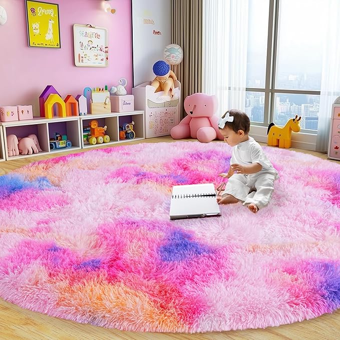 Round Fluffy Rugs 5Ft for Girls Bedroom, Dark Rainbow Shag Circle Kids Rug Non-Slip for Bedside Dorm Nursery Playroom, Soft Cute Area Rugs for Living Room Decor