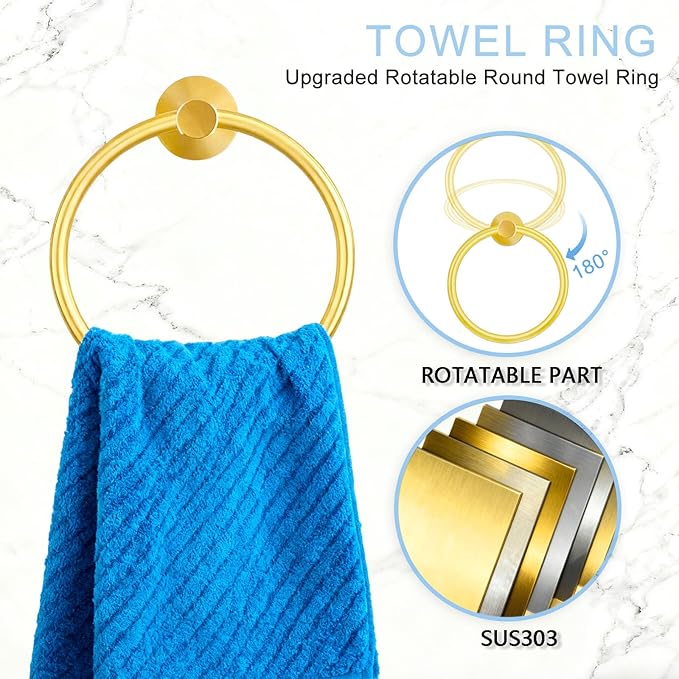 7-Piece Golden Bathroom Hardware Set - 7-in-1 Towel Rack Set, 23.6-inch SUS304 Stainless Steel Towel Bar and Toilet Paper Holder | Modern Bathroom Accessories (7, Golden)