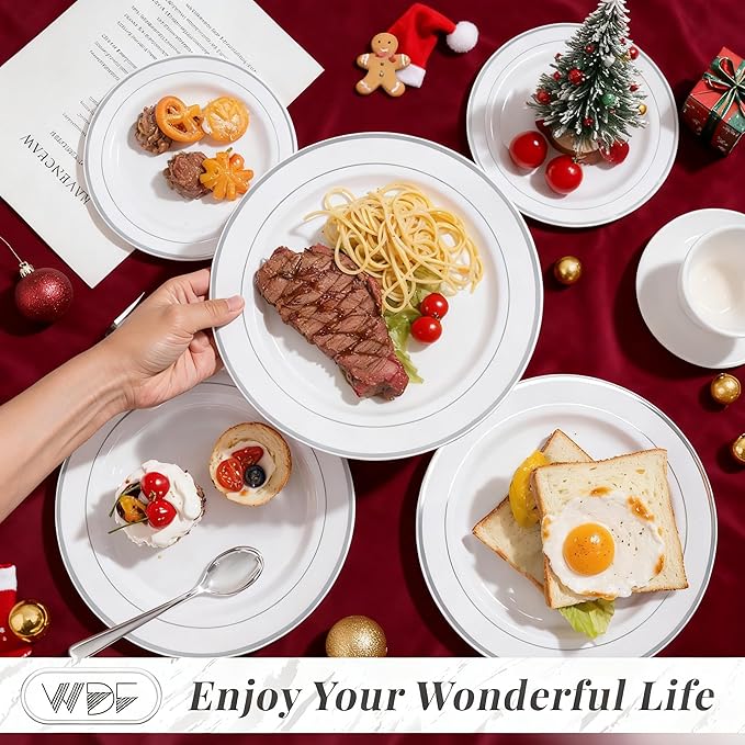 WDF 40Guest Silver Plastic Plates with Silverware - White Plastic Plates with Silver Rim, Dinnerware Sets Include 40 Dinner Plate, 40 Salad Plate,40 Forks, 40 Knives, 40 Spoons for Christmas