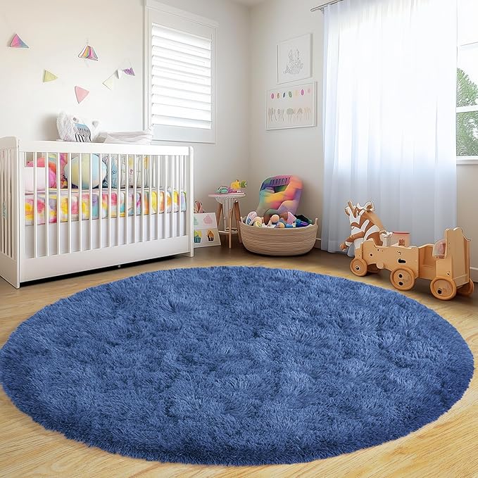 Round Fluffy for Bedroom Rugs, 6Ft Navy Blue Shag Circle Rug Non-Slip for Kids Girls Boys Bedroom Dorm Nursery Playroom, Soft Cute Area Rugs for Living Room Decor