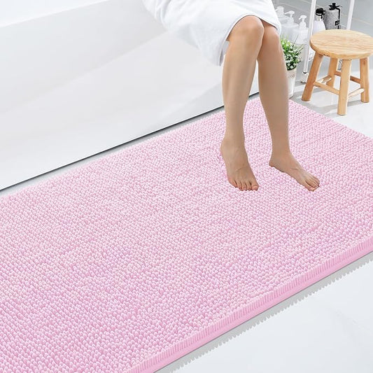 Smiry Luxury Chenille Bathroom Rugs 59x35, Extra Soft and Absorbent Shaggy Bath Mat, Machine Washable, Non-Slip Plush Carpet Runner for Tub, Shower, and Floor, Home Decor Accessories, Pink