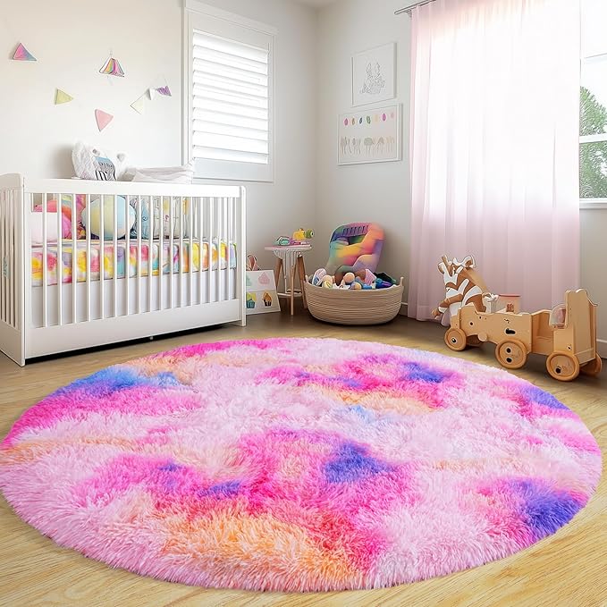 Round Fluffy Rugs 8Ft for Girls Bedroom, Dark Rainbow Shag Circle Kids Rug Non-Slip for Bedside Dorm Nursery Playroom, Soft Cute Area Rugs for Living Room Decor