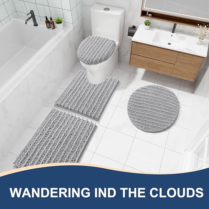 Arotive Luxury Chenille Bathroom Rug Mat, Extra Soft Thick Absorbent Shaggy Bath Rugs, Non-Slip Machine Wash Dry, Plush Bath Mats for Bathroom, Shower and Tub, 59x35, Light Grey