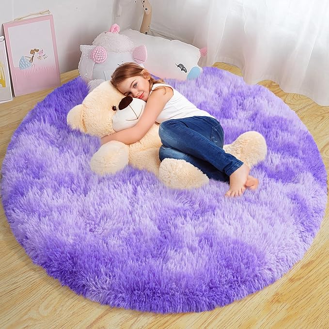 Round Fluffy Rugs 6Ft for Girls Bedroom, Tie-Dyed Purple Shag Circle Kids Rug Non-Slip for Bedside Dorm Nursery Playroom, Soft Cute Area Rugs for Living Room Decor