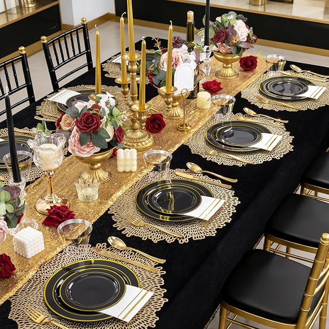 GATHER 350PCS Black Plastic Plates - Black and Gold Disposable Dinnerware Set Include 100 Plates, 150 Gold Silverware, 50 Napkins, 50 Cups for Party & Wedding & Birthday & New Year