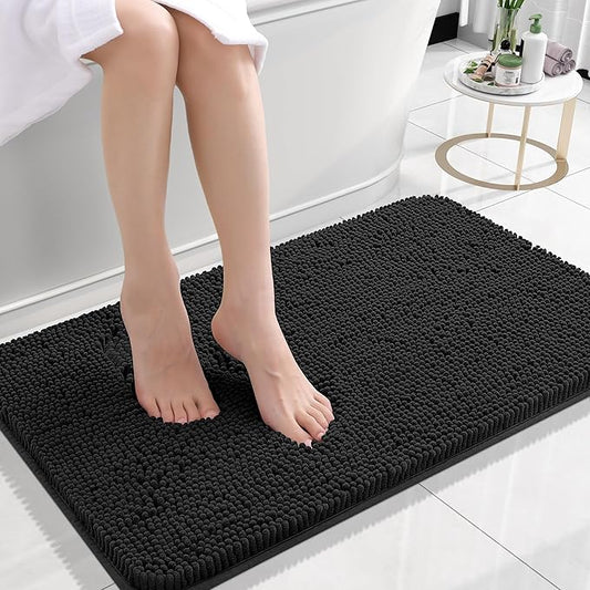 OLANLY Bathroom Rugs 30x18, Extra Soft Absorbent Chenille Bath Rugs, Rubber Backing Quick Dry, Machine Washable Bath Mats for Bathroom Floor, Tub and Shower, Home Decor Accessories, Black