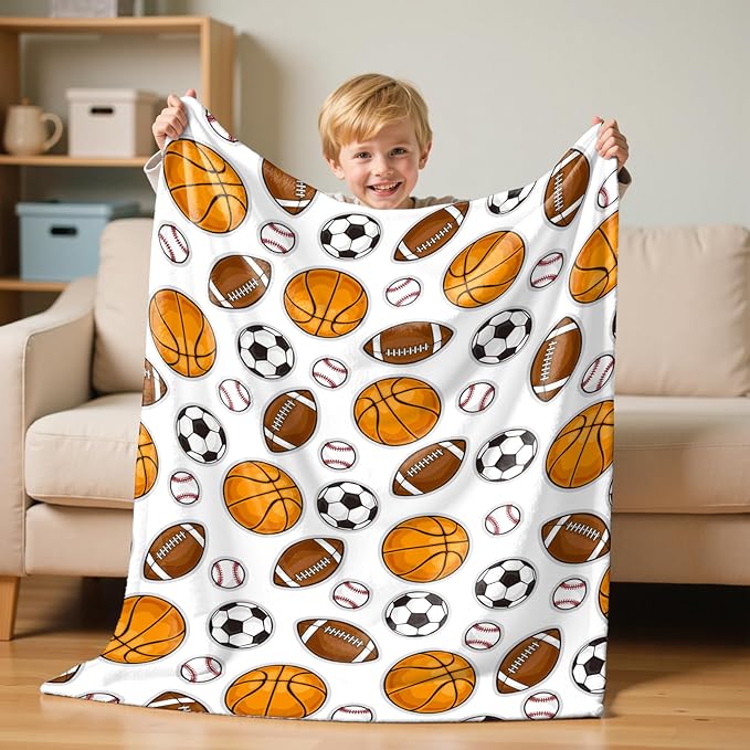 Wajade Sports Balls Blanket for Boys Soft Fleece Baseball Basketball Soccer Blanket for Couch Sofa Bedroom Fuzzy Flannel Blankets Birthday for Kids Boys 60"x80"
