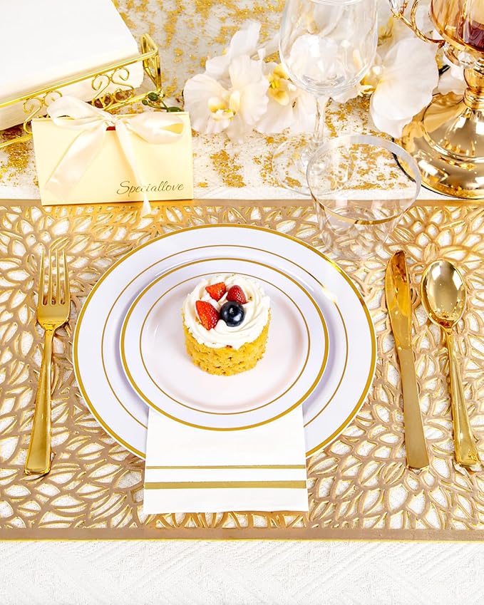 GATHER 350PCS Gold Plastic Plates - White and Gold Disposable Plastic Dinnerware Set Include 50 Dinner Plates, 50 Dessert Plate, 150 Silverware, 50 Napkins, 50 Cups for Party & Wedding & Christmas