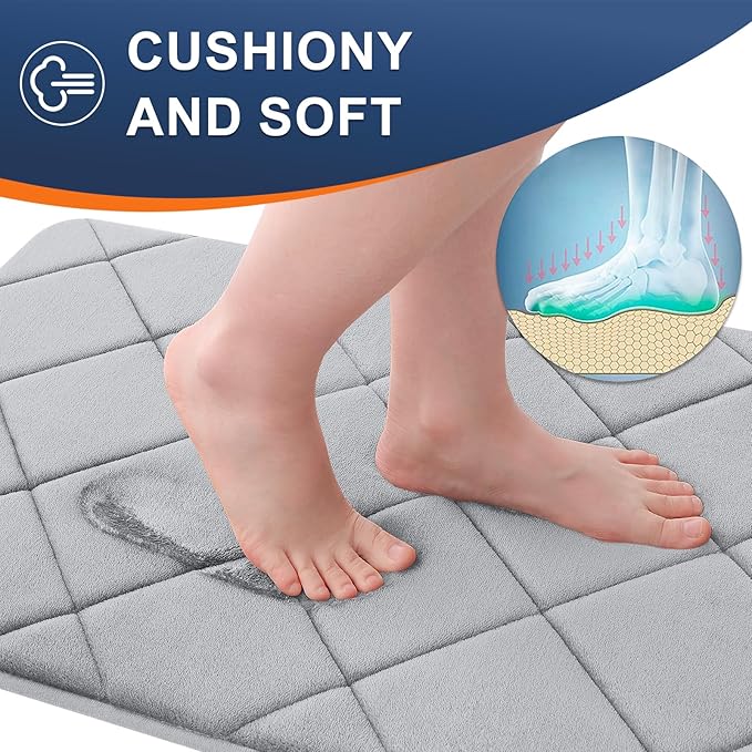 OLANLY Memory Foam Bath Mat 44x24, Ultra Soft and Absorbent Bathroom Rugs, Machine Washable, Comfortable Bath Carpet for Bathroom Floor, Tub and Shower, Light Gray