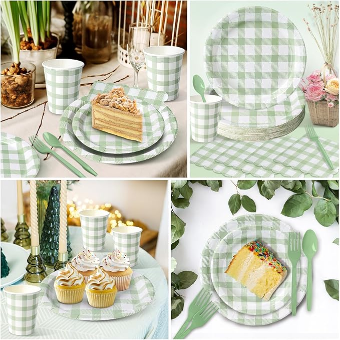 Vyntra 350 PCS Sage Green Gingham Party Supplies, Disposable 7 & 9 In Plates and Napkins, Cups, Knives, Forks, Spoons for Rustic Wedding, Garden Party, Baby Shower (Sage Green, Serves 50)