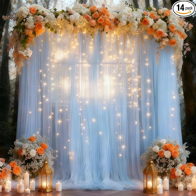 10×10ft Blue Tulle Backdrop Curtain with Lights String for Parties, Sheer Photo Curtain Backdrop Drapes for Wedding Party Photography Backgrounds