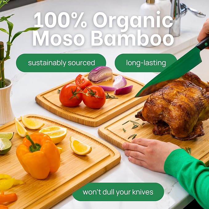 Organic Wood Cutting Boards for Kitchen for Chopping Vegetables, Carving Meat, Slicing Bread and Serving Charcuterie for Meal Time Prep, Holiday Gatherings, and Hosting Parties - Ideal for Home Chefs