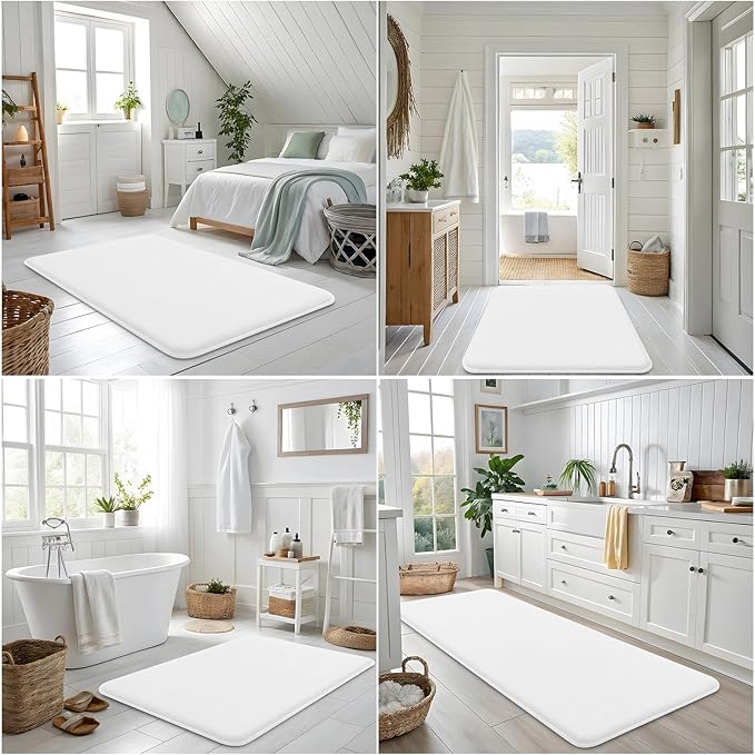 Smiry Memory Foam Bath Mat 59x34, Extra Soft and Absorbent Bathroom Mats, Non Slip Washable Carpet for Floor, Shower and Tub, White