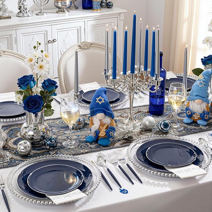 KIRE 175Pcs Blue Plastic Plates with Silver Rim & Disposable Silverware with Blue Handle & Silver-rim Cups & Hand Napkin & Plastic Dinnerware for Hanukkah/Parties/Wedding