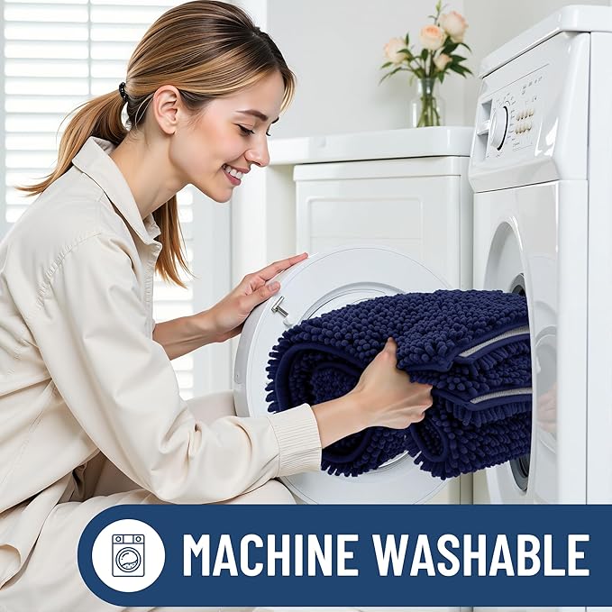 Smiry Luxury Chenille Bathroom Rugs 36x24, Extra Soft and Absorbent Shaggy Bath Mat, Machine Washable, Non-Slip Plush Carpet Runner for Tub, Shower, and Floor, Home Decor Accessories, Navy Blue