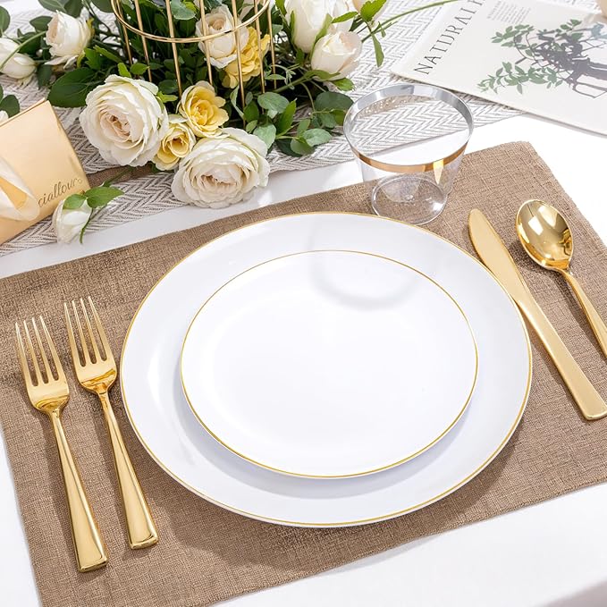WDF 300PCS White and Gold Plates - Wedding Plastic Dinnerware Set for 50 Guests Include 50 Dinner & 50 Cake Plates, 50 Cutlery, 50 Cups for Wedding, Birthday, Thanksgiving Party