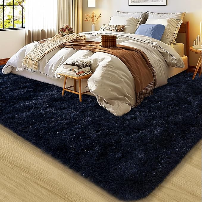Super Fluffy Rug for Bedroom, 4x6 Shag Fuzzy Area Rug for Living Room Bedroom, Plush Soft Carpet for Girls Boys Kids, Non Slip Throw Rugs for Dorm, Modern Home Decor Aesthetic, Dark Blue