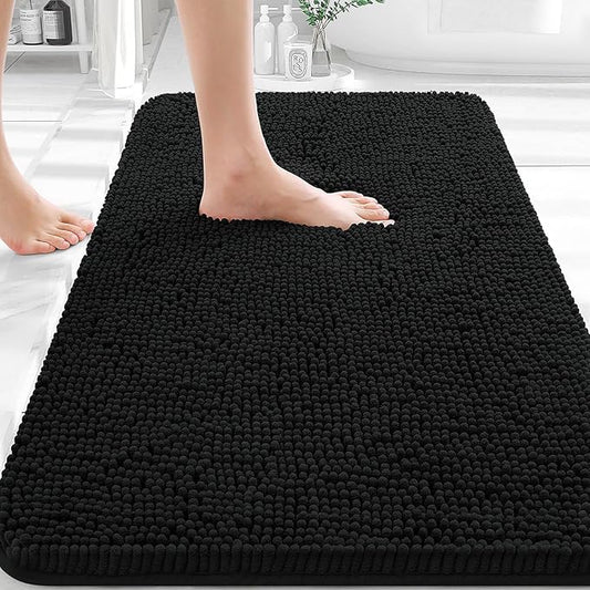 OLANLY Bathroom Rugs 32x20, Extra Soft Absorbent Chenille Bath Rugs, Rubber Backing Quick Dry, Machine Washable Bath Mats for Bathroom Floor, Tub and Shower, Home Decor Accessories, Black