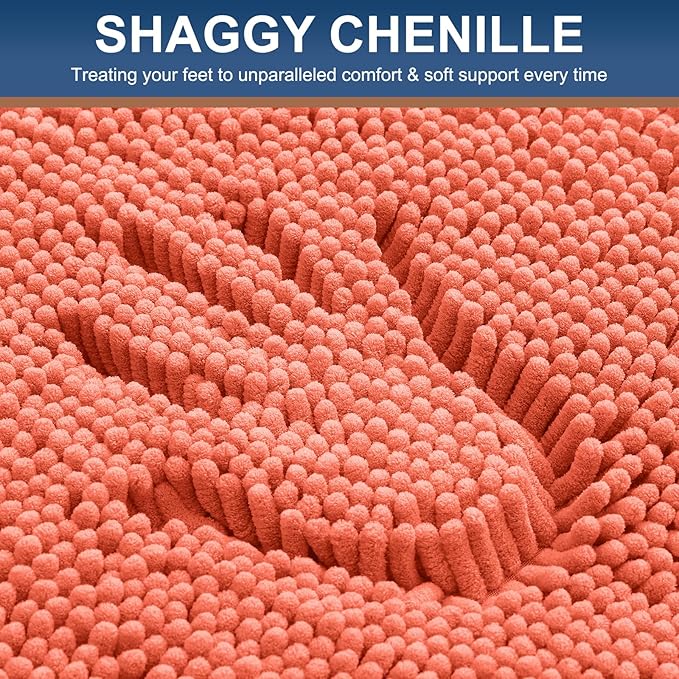 Smiry Luxury Chenille Bathroom Rugs 59x24, Extra Soft and Absorbent Shaggy Bath Mat, Machine Washable, Non-Slip Plush Carpet Runner for Tub, Shower, and Floor, Home Decor Accessories, Coral
