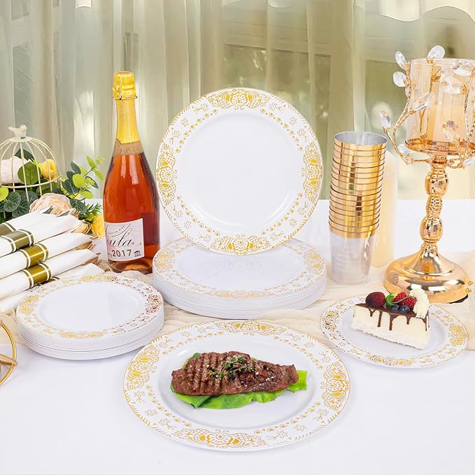GATHER 350PCS White and Gold Plastic Plates - Gold Disposable Dinnerware Set Include 50 Dinner Plates, 50 Dessert Plates, 150 Gold Plastic Silverware, 50 Napkins, 50 Cups for Wedding & Christmas