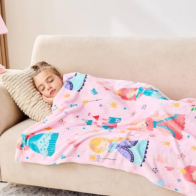 Wajade Kids Pink Princess Blanket for Girls Soft Fleece Blanket for Couch Sofa Bedroom Princess Fairy Tales Castle Throw Blanket for Kids Teens 60"x80"