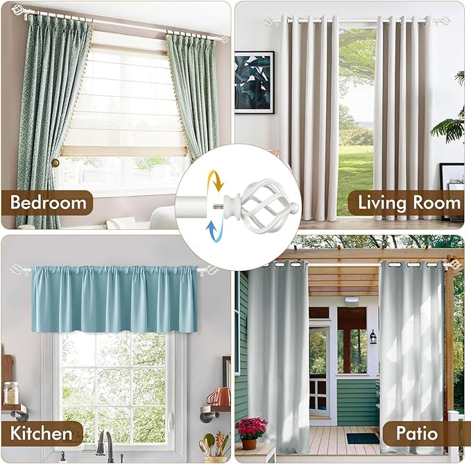KAMANINA Curtain Rods for Windows 66 to 120 Inch, 3/4 Inch White Curtain Rod 32 to 115 Inches (2.6-9.6ft) Splicing Adjustable Single Drapery Rod with Twisted Cage Finial