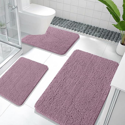OLANLY Bathroom Rugs Sets 3 Piece, Soft Absorbent Chenille Bath Mats and U-Shaped Contour Toilet Rug, Quick Dry, Home Decor Accessories, Bath Mat Set for Bathroom (36"x24"+24"x16"+24"x20", Deep Plum)