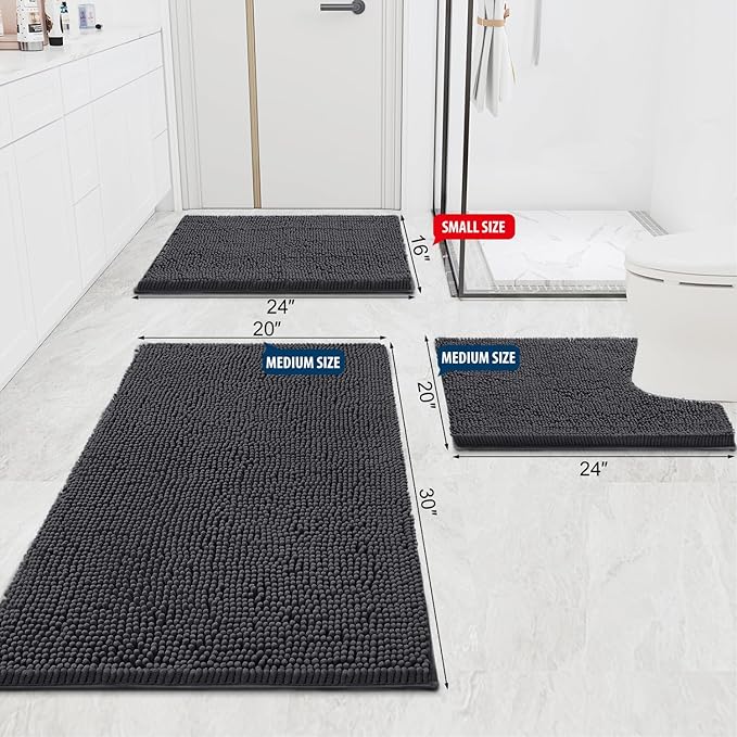 Smiry Luxury Chenille Bathroom Rugs 59x20, Extra Soft and Absorbent Shaggy Bath Mat, Machine Washable, Non-Slip Plush Carpet Runner for Tub, Shower, and Floor, Home Decor Accessories, Charcoal Grey