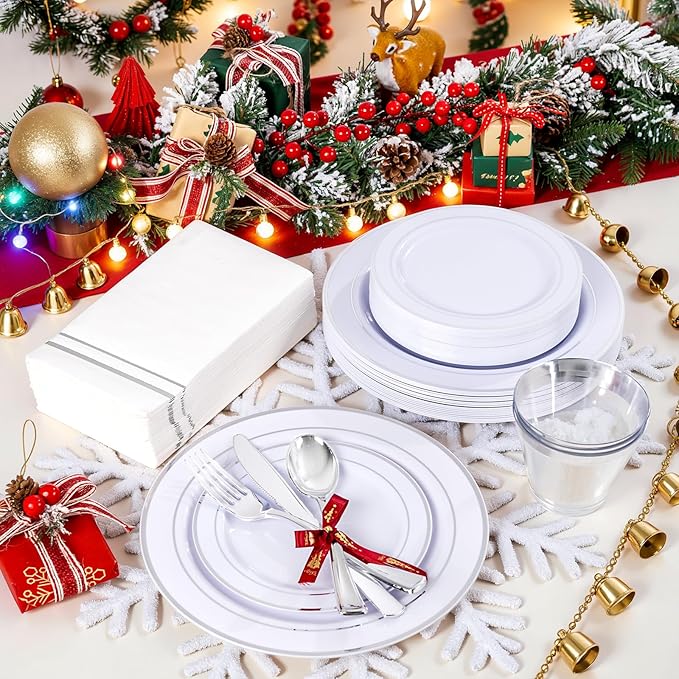 GATHER 350PCS Silver Plastic Plates - White and Silver Disposable Plates for 50 Guests Includes 100 Plate, 50 Napkins, 150 Silvery Cutlery and 50 Cups for Party & Christmas