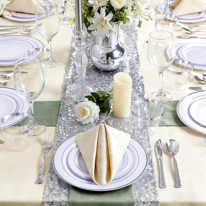 GATHER 176 Pieces Silver Plates - Disposable Silver Plastic Plates Includes 50 Plates, 75 Silverware, 25 Napkins, 25 Silver Rimmed Cups and 1 Tablecloth Perfect for Party & Weding