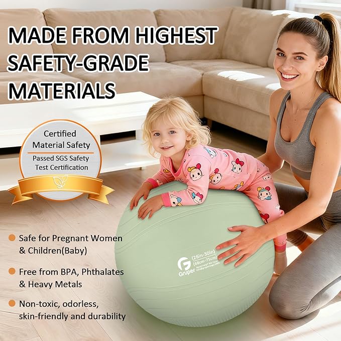 Gruper Yoga Ball, Multiple Sizes Non Slip Exercise Ball for Workout, Birthing, Balance, Stability, Pregnancy, 2200LB Capacity, Anti Burst Chair for Home and Office, Includes Quick Pump & Fitness Guide