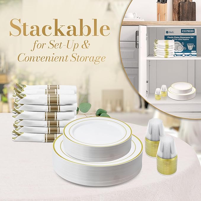 Reli. Plastic Plates for Party | 210 Pieces | White w/Gold Rim | Plates and Napkins Party Supplies | Disposable Dinnerware Set for 30 Guests | Dinner & Dessert Pack, Pre-Rolled Gold Cutlery Set, Cups
